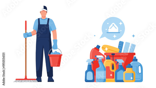 Cleaning Crew and Cleaning Supplies: A cleaning crew member is poised with a mop and bucket, while cleaning supplies are arrayed. Perfect for illustrating hygiene, tidiness.
