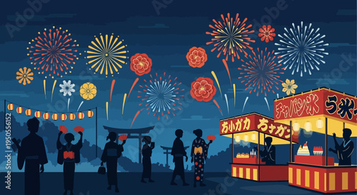 Japanese Summer Festival with Fireworks and Food Stalls