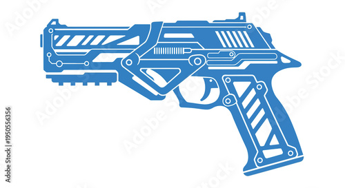 A futuristic blue blaster pistol design is prominently displayed showcasing intricate geometric patterns and technological details high quality professional