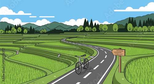 Scenic Countryside Road with Bicycle Amidst Lush Green Rice Fields and Mountains