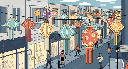 Street decorated with colorful lanterns, people walking on sidewalk, shops on buildings