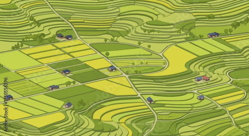 Terraced Rice Fields and Village Houses, Agricultural Landscape, Rural Scenery