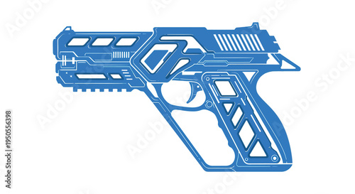 A striking futuristic blue illustration depicts a stylized ray gun showcasing a sleek high tech design with geometric elements