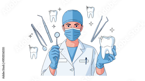 Dentist's Care Illustration: A medical illustration showcasing a dentist holding a glowing tooth, surrounded by dental tools, and ready to provide care. 