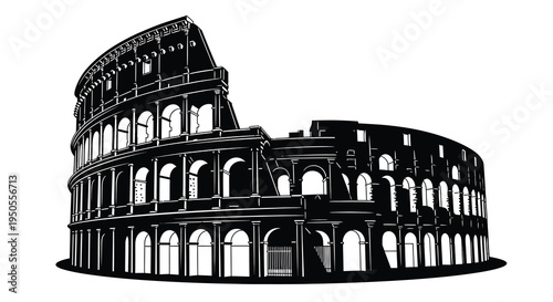 A striking black and white illustration depicts a partial view of the colosseum in rome italy showcasing its ancient architecture