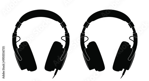 A stark black and white depiction showcases two identical pairs of over ear headphones side by side high quality professional detailed modern elegant stylish