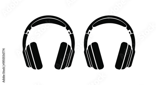 A minimalist graphic depicts two pairs of over ear headphones in black showcasing a modern audio accessory design high quality