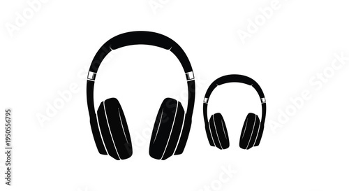 A stark black and white illustration depicts two pairs of over ear headphones varying in size against a white background high quality