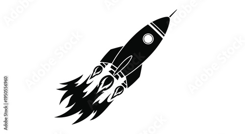 A stark black and white illustration depicts a retro style rocket ship ascending with fiery exhaust plumes below high quality professional detailed