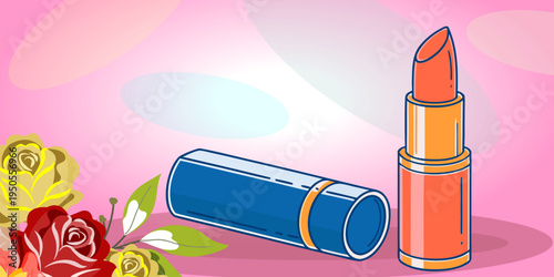 Elegant cosmetic vector featuring lipstick and flowers symbolizing beauty products, makeup branding, feminine lifestyle, skincare marketing, and modern cosmetic advertisement design.