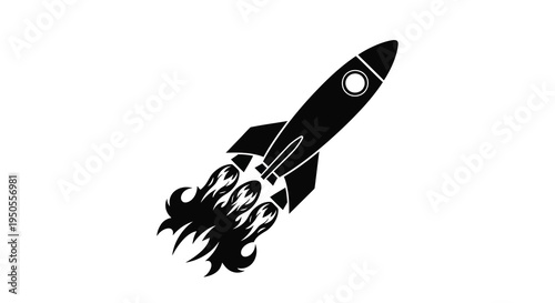 A striking black silhouette depicts a rocket ship ascending rapidly with fiery exhaust plumes trailing behind it high quality
