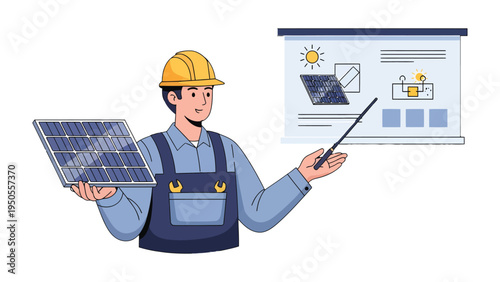 Solar Power Presentation: An engineer, holding a solar panel and using a pointer to explain its mechanics and harnessing energy.