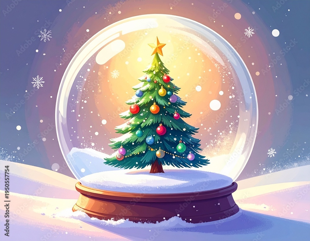 custom made wallpaper toronto digitalA colorful illustration of a Christmas tree inside a snow globe, adorned with ornamen