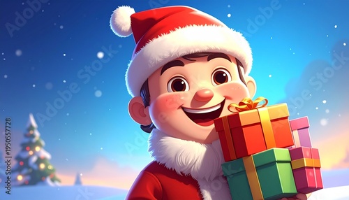 Wallpaper Mural A cheerful cartoon character in a Santa hat carries multiple colorful gifts while Torontodigital.ca