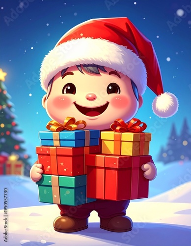 A cheerful cartoon character in a Santa hat carries multiple colorful gifts while