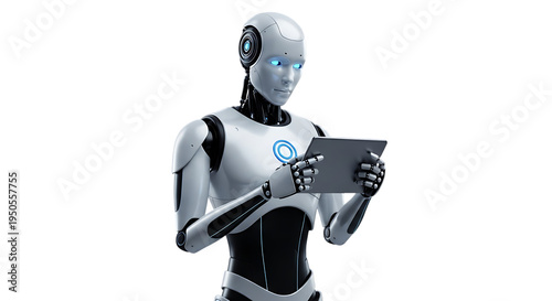 Modern humanoid robot with glowing blue eyes holding and interacting with a digital tablet, representing AI and future technology on white background