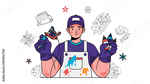 Artisan of Ink: A skilled tattoo artist, adorned in work attire, poised with a tattoo gun, surrounded by ink bottles and design templates, embodying artistry, creativity, and the craft of skin art.