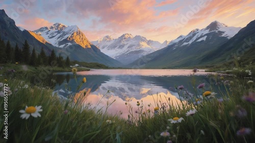 Mountain landscape reflected in calm lake at sunset or sunrise