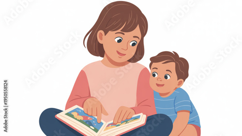 Mother reading a book to her child illustrating a heartwarming moment of family bonding and early education isolated on white background