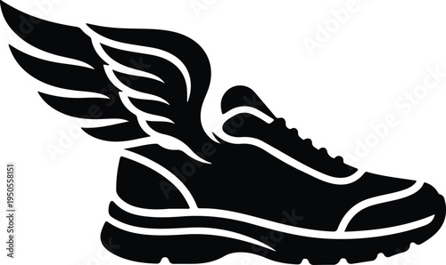 Winged Running Shoe Icon Symbol Illustration,
Black silhouette of a winged running shoe symbolizing speed, freedom, and athletic performance, ideal for sports branding and fitness concepts.