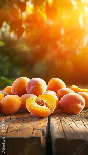 Vibrant and Delicious Apricots Displayed on a Rustic Wooden Surface Under Warm Summer Sunlight