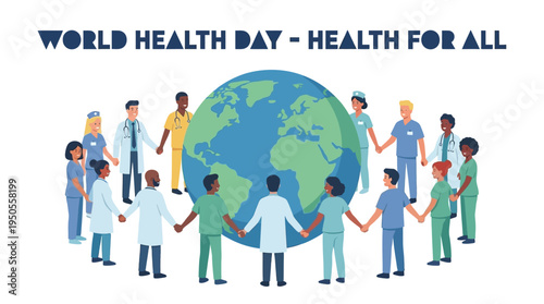 A diverse group of healthcare professionals forms a supportive circle around the world, representing a global commitment to universal health and well-being for all humanity