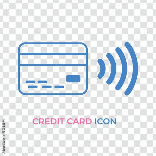 Blue credit card payment icon with wireless signal waves on white grid background
