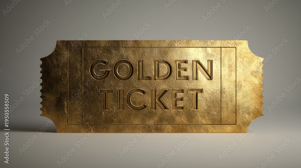Obraz premium Shiny golden ticket with embossed text isolated on grey background