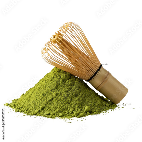 Matcha powder and whisk on transparent background