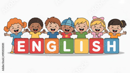 Diverse group of happy children holding blocks spelling ENGLISH representing language learning and education for kids isolated on white