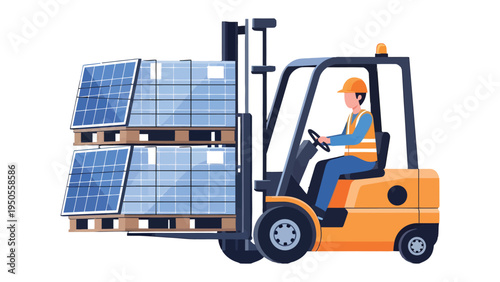 Solar Panel Transport: A worker safely operates a forklift to transport pallets of solar panels, highlighting the integration of green energy.