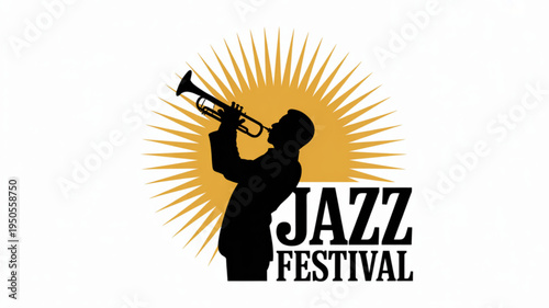 Silhouette of a jazz musician playing trumpet against a radiant sunburst Jazz Festival text perfect for music event promotion and branding