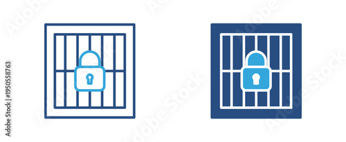 Prison lock icon set. Jail bars with padlock icon, security restriction and imprisonment concept. Vector illustration.