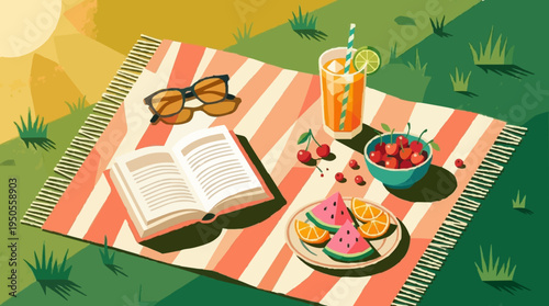 Isometric Picnic on Grass Vector Illustration with Book and Fruit. flat vector illustration (in an isometric perspective) of a summer picnic spread. On a orange and white striped blanket, 