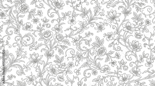 Gray floral pattern on white background.