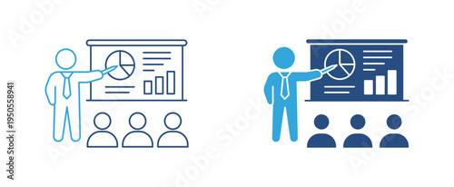 Business presentation icon set. Presenter explaining charts on board icon, business analytics and training concept. Vector illustration.