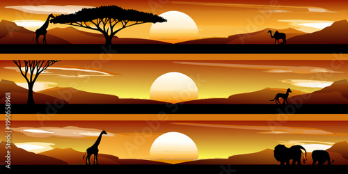 African savanna landscape with giraffes elephants and a vibrant sunset