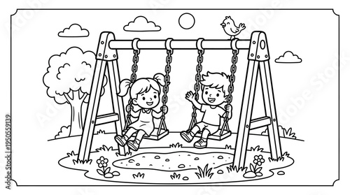 Two children playing on swings together.