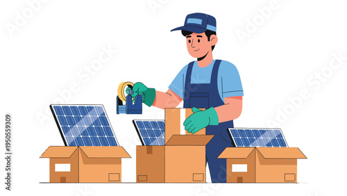 Solar Panel Installation: A technician carefully packages solar panels, symbolizing the growth of sustainable energy in a modern home. 