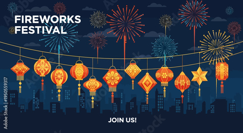 Fireworks Festival Celebration with Lanterns and Cityscape
