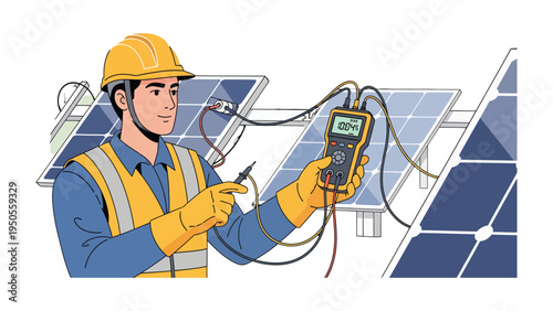 Solar Panel Technician at Work: An skilled technician, adorned in a hard hat and protective gear, meticulously examines a solar panel's functionality, utilizing a multimeter for precise readings.