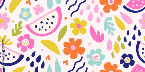 Colorful pattern featuring stylized fruits flowers and abstract shapes
