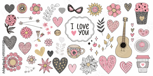 Collection of hand drawn floral hearts love notes and romantic elements
