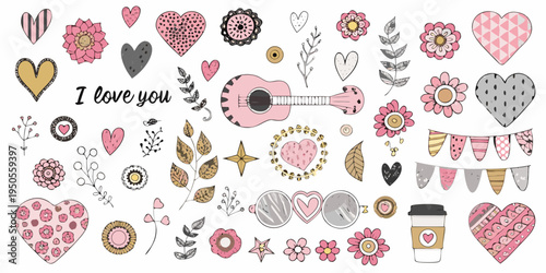Colorful hand drawn illustrations of hearts flowers and romantic accessories