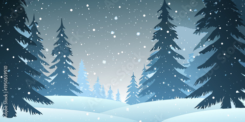 Winter landscape featuring snow covered trees and a softly lit background