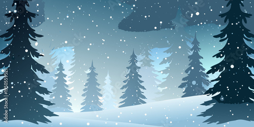 Winter landscape depicting snow covered trees and a foggy distant mountain