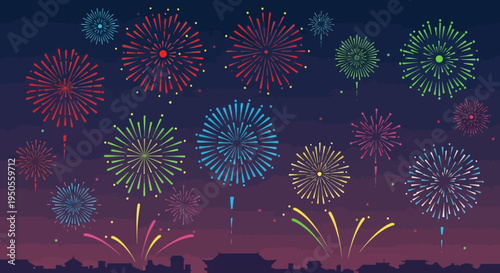 Colorful fireworks exploding over city skyline at night, celebration, festive background