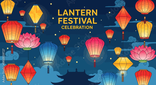 Colorful Lantern Festival Celebration with Lotus Flowers and Traditional Architecture