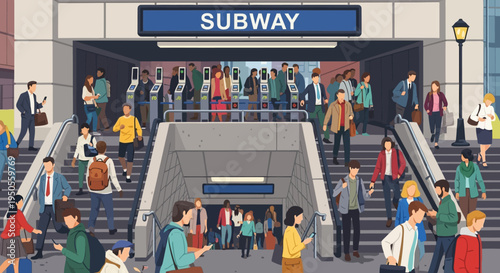 Crowded Subway Station Entrance with People Commuting