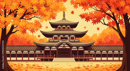 Japanese Temple in Autumn with Maple Leaves